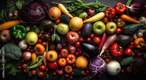 Fresh organic vegetables topo view layout over dark background. Generative AI