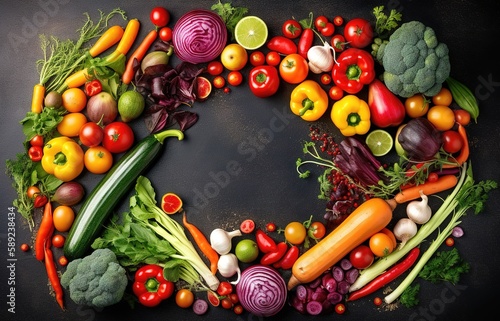 Fresh organic fruits and vegetables layout top view with copy space in the middle. Dark background. Generative AI