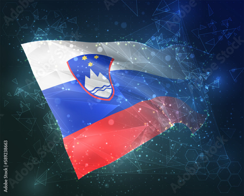 Slovenia,  vector flag, virtual abstract 3D object from triangular polygons on a blue background