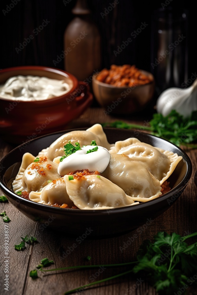 Polish Pierogi dish, close up shot. Gourmet food photography. Generative AI Vertical shot Polish Pierogi dish, close up shot. Gourmet food photography. Generative AI Vertical shot