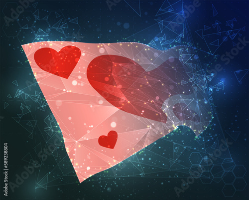 Love,  vector flag, virtual abstract 3D object from triangular polygons on a blue background