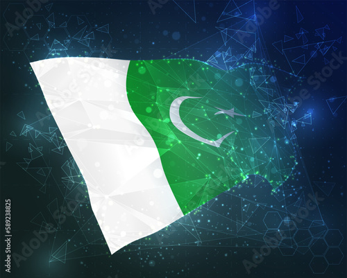 Pakistan,  vector flag, virtual abstract 3D object from triangular polygons on a blue background