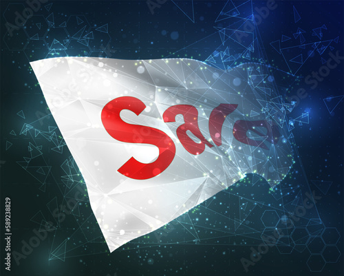 Discount,  vector flag, virtual abstract 3D object from triangular polygons on a blue background