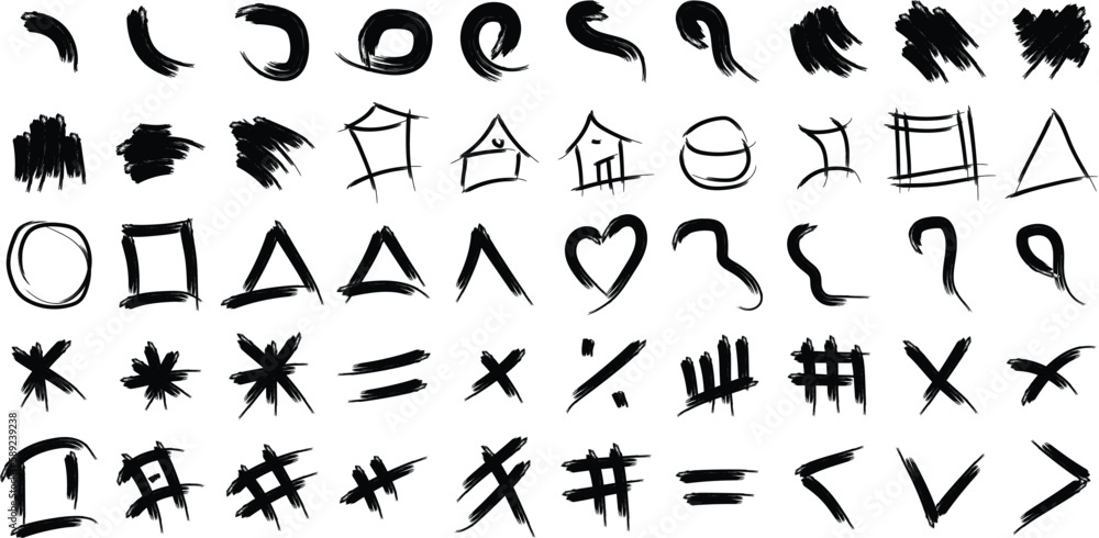 Naklejka premium Hand Drawn Organic Shapes Dry Brush Stroke Black Set 50