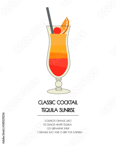 Old fashioned retro isolated cocktail Tequila sunrise receipt on white background flat illustration 2023