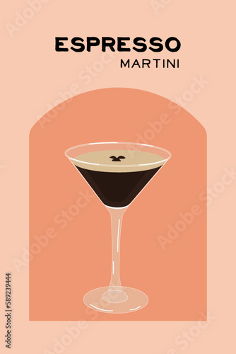 Vintage poster cocktail espresso martini with coffee beans. Flat beverage on color background
