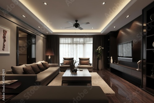 Home interior  modern dark living room interior  black empty wall mock up   Modern luxury living room   Modern interior living room design   Spacious long living room with dark design  Generative AI