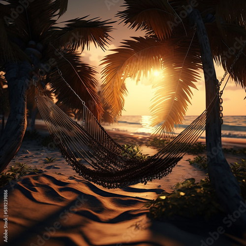 Beautiful sunset over the sea with palmes tree and hammock on the tropical beach in holiday relax time.