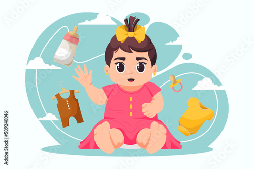 Cute Baby Girl. Happy smiling children. Cartoon cute toddler