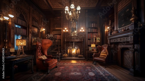 Cozy victorian mansion interior with furnitures and cozy armchairs with steampunk touch generative ai