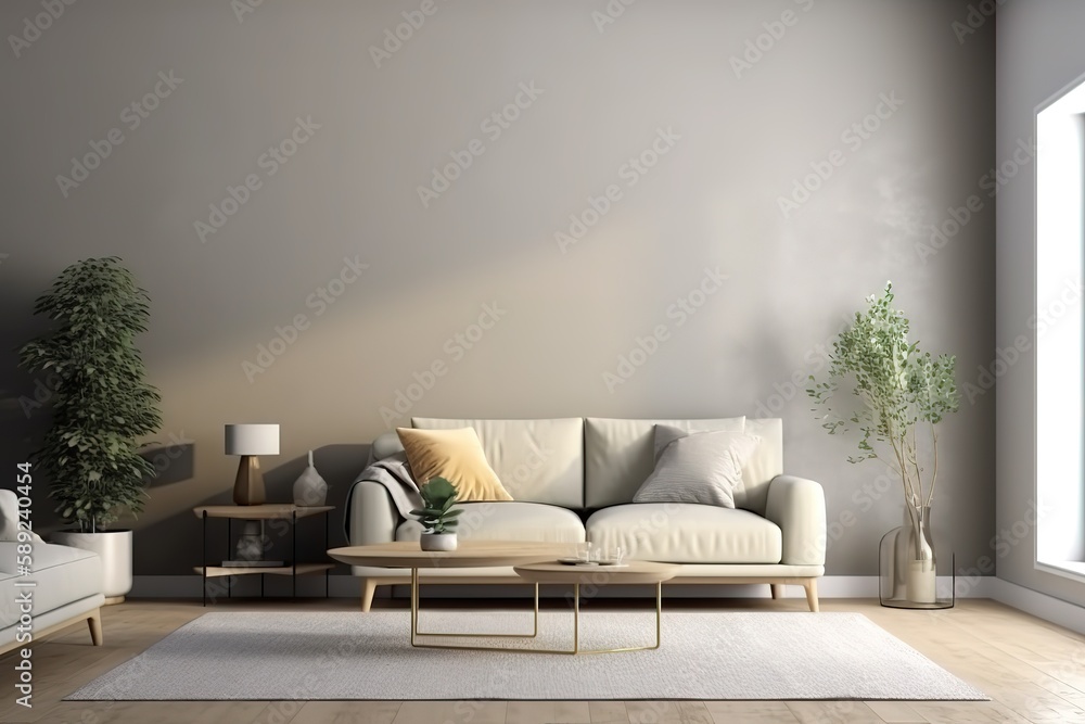 White minimalist living room interior with sofa on a wooden floor, decor on a large wall, white landscape in window. Home Nordic interior | Scandinavian interior poster mock up,Generative AI - obrazy, fototapety, plakaty 