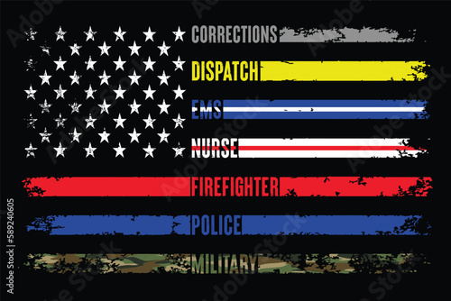 First Responder American Flag With Awareness Colors In Stars And Stripes. photo