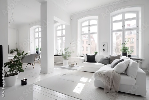 White minimalist living room interior with sofa on a wooden floor  decor on a large wall  white landscape in window. Home Nordic interior   Scandinavian interior poster mock up Generative AI