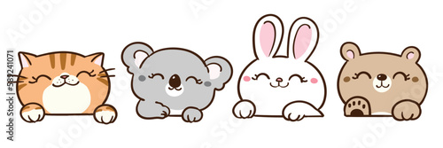 Vector Illustration of Cute Cartoon Cat, Koala, Rabbit and Bear Head Characters on Isolated Background
