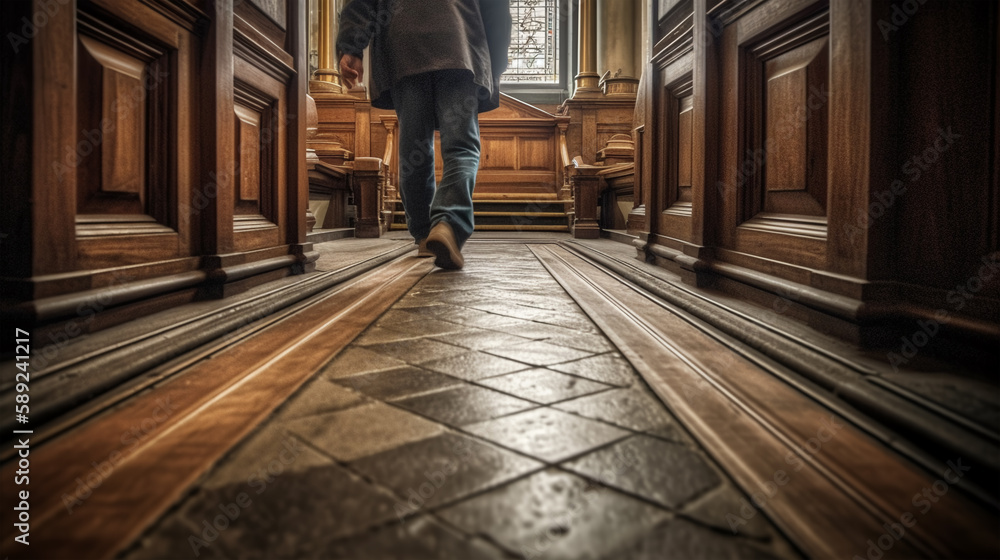 Man enters church. View from behind to man walking along corridor of temple. Generative AI. Man enters church. View from behind to man walking along corridor of temple. Generative AI.