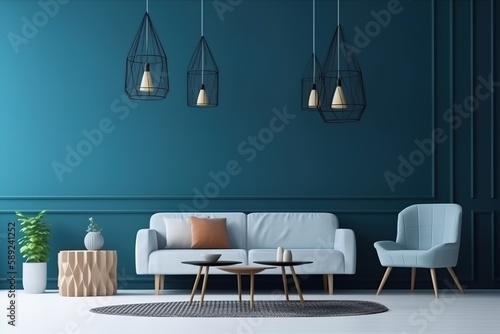 Mock up wall in steel blue modern interior background, living room, Scandinavian style   bright living room interior with royal blue couch   living room with a blue accent wall, Generative AI © Azar