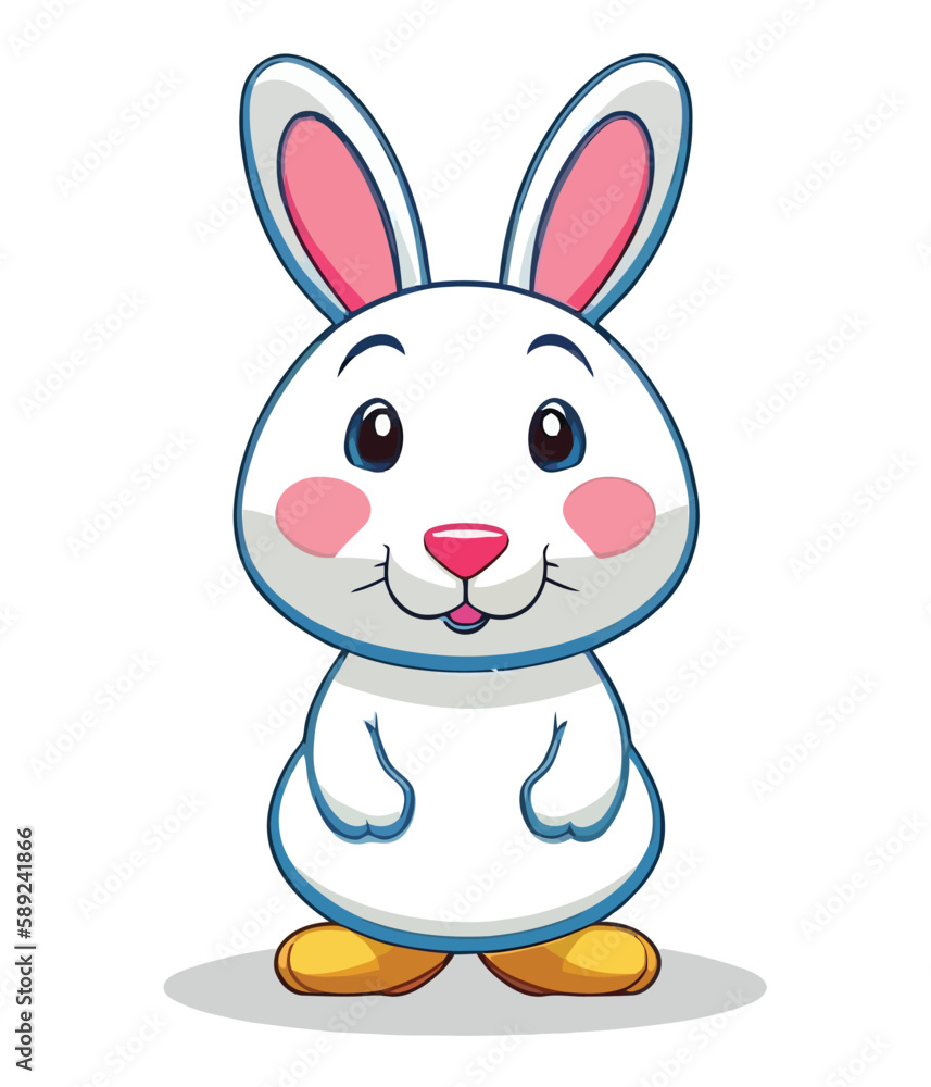 Fototapeta premium Cute white rabbits in various poses with white backgrounds. colorful Easter eggs vector illustration for kids and adults. Happy Spring holiday