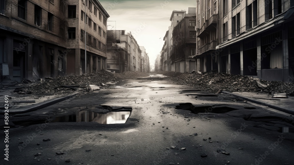 A post-apocalyptic urban street with cracked pavement and desolation.