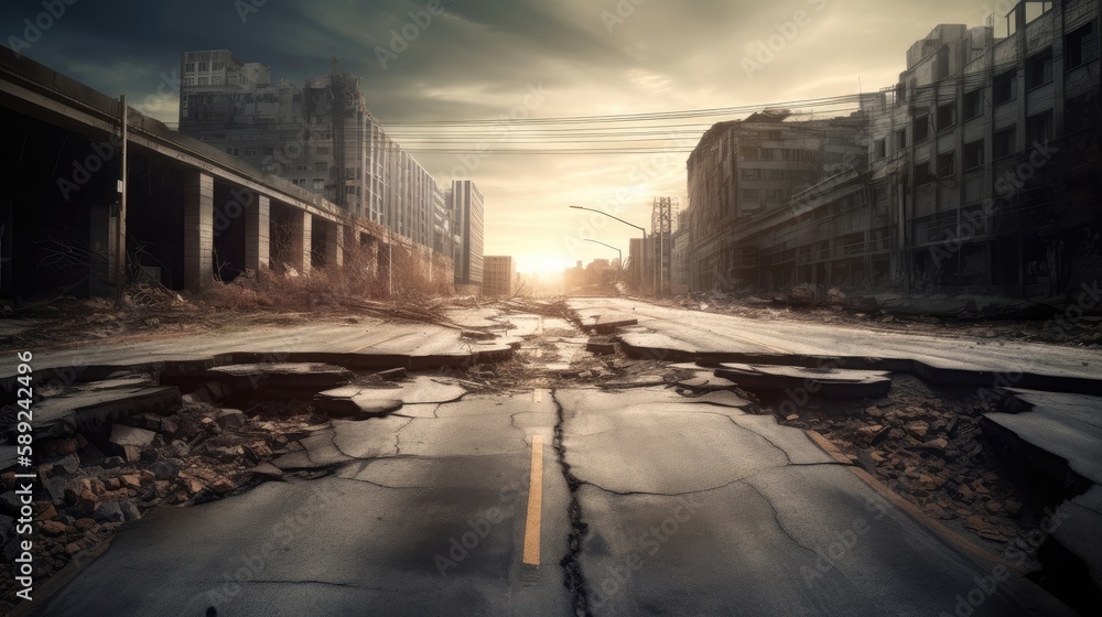 Fototapeta premium A desolate urban road damaged by disaster, with sunlight in the distance.
