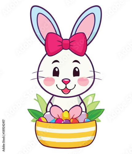 Cute white rabbits in various poses with white backgrounds. colorful Easter eggs vector illustration for kids and adults. Happy Spring holiday