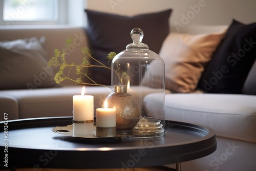 Luxurious white tray decoration  home interior decor with burning candle   Modern living room interior  Generative AI