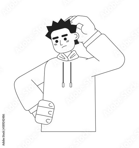 Guy rubbing head in confusion monochromatic flat vector character. Linear hand drawn sketch. Editable half body person. Simple black and white spot illustration for web graphic design and animation