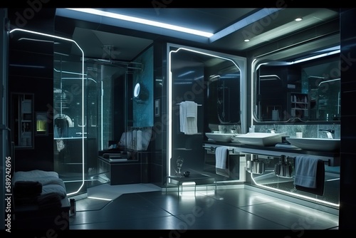 Designing a bathrom modern and sleek aesthetic,tiles,water, spa rary and artistic feel, Chosing the right lighting for bathrom , generative artificial intelligence © Tor Gilje