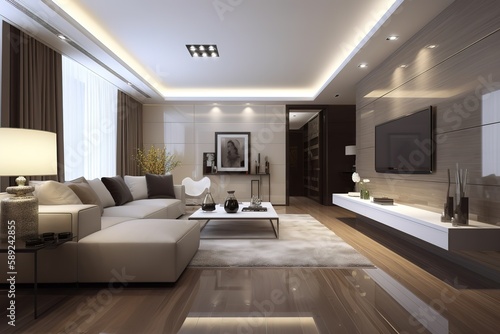 Panorama of luxury living room and dining area with sofa   Modern luxury living room interior background  living room interior mock-up   beautiful apartment  interior   Generative AI