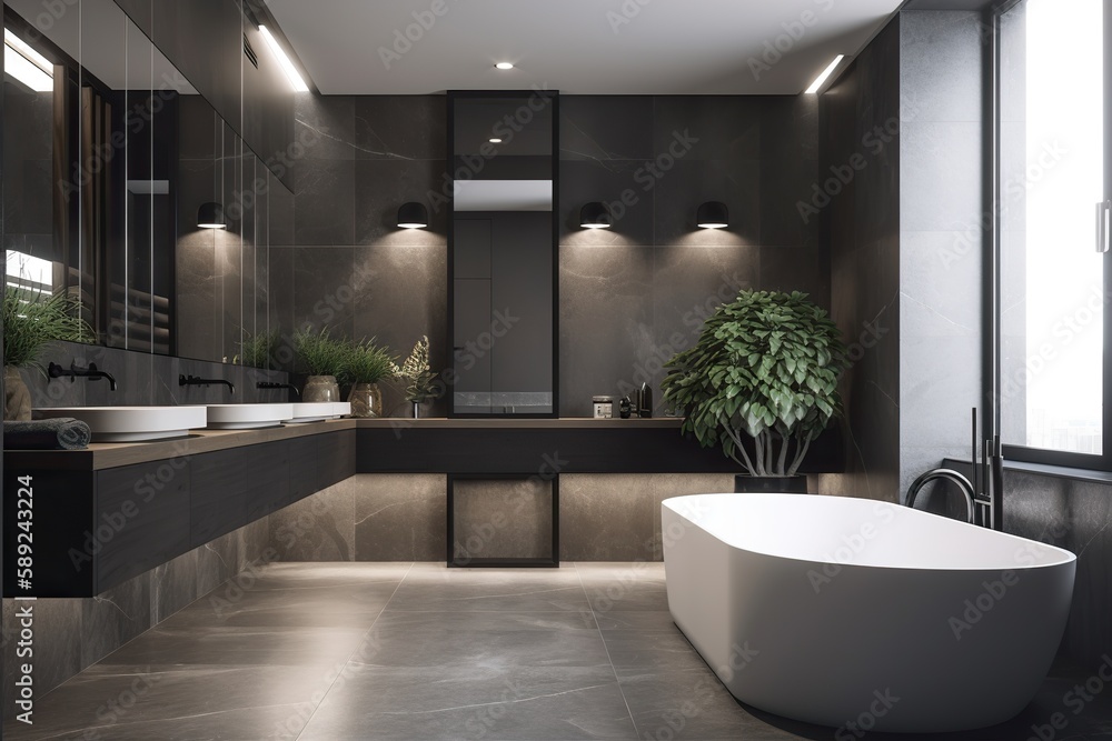Fototapeta premium Designing a bathrom modern and sleek aesthetic,tiles,water, spa rary and artistic feel, Chosing the right lighting for bathrom , generative artificial intelligence