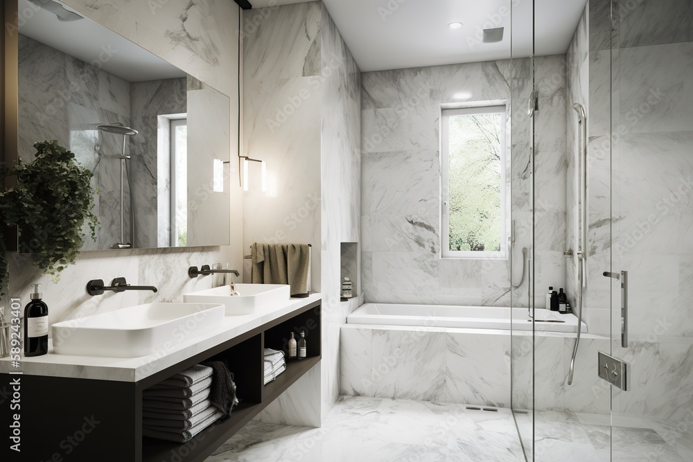 Designing a bathrom modern and sleek aesthetic,tiles,water, spa rary ...