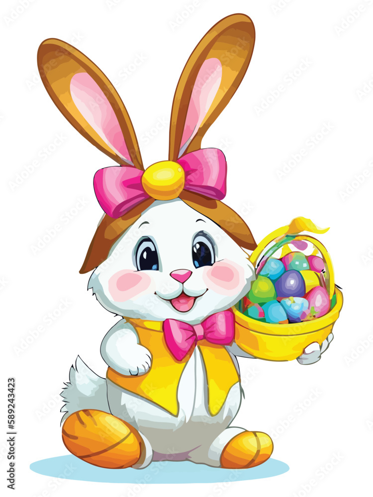Cute white rabbits in various poses with white backgrounds. colorful Easter eggs vector illustration for kids and adults. Happy Spring holiday Cute white rabbits in various poses with white backgrounds. colorful Easter eggs vector illustration for kids and adults. Happy Spring holiday