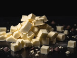 Pieces of white chocolate isolated on dark background.