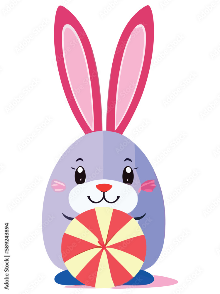 Obraz premium Cute white rabbits in various poses with white backgrounds. colorful Easter eggs vector illustration for kids and adults. Happy Spring holiday