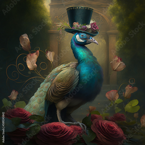 Peacock in fancy top hat. Created using ai generative.  photo