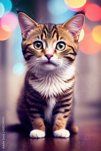 Portrait of a adorable cat, funny and cute face closeup, isolated on beautiful bokeh background, created with generative ai © fiermanmuch