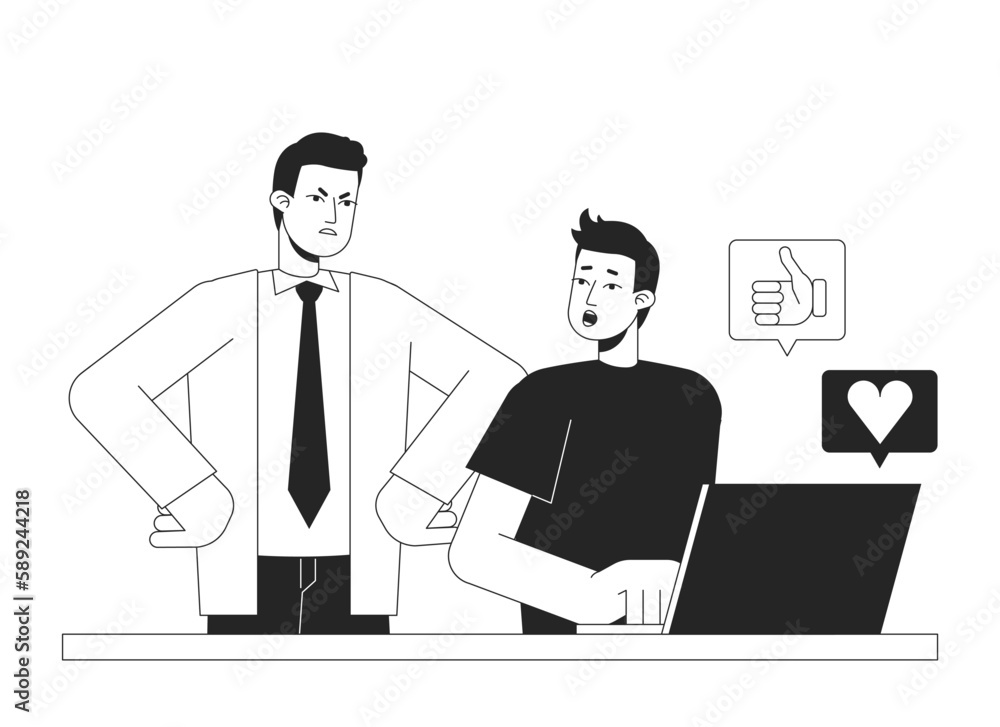 Social media distractions at work black and white concept vector spot illustration. Editable 2D flat monochrome cartoon characters for web design. Workplace line art idea for website, mobile, blog Social media distractions at work black and white concept vector spot illustration. Editable 2D flat monochrome cartoon characters for web design. Workplace line art idea for website, mobile, blog