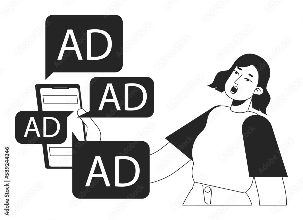 Digital ads overload black and white concept vector spot illustration. Editable monochrome cartoon character for web design. Infoxication on internet line art idea for website. Myriad Pro font used