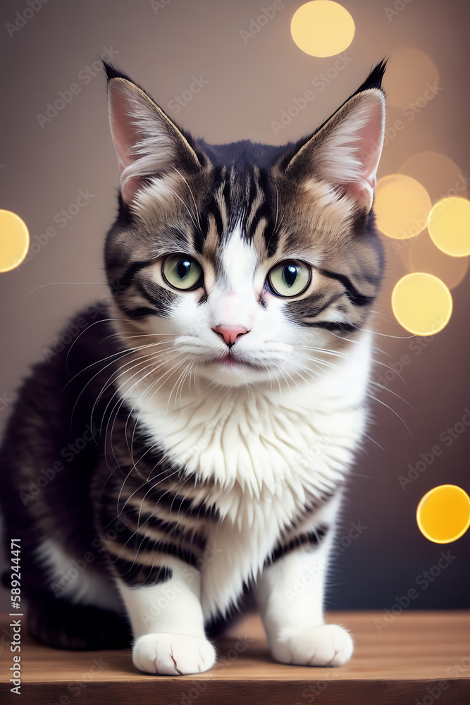 Portrait of a adorable cat, funny and cute face closeup, isolated on beautiful bokeh background, created with generative ai