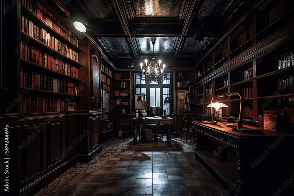 Interior of library with many bookshelves. Rows of cabinets with old books in library. Knowledge and education. Created with Generative AI