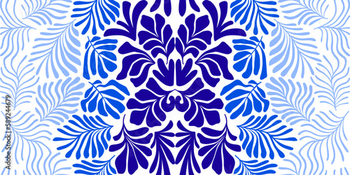 Blue white abstract background with tropical palm leaves in Matisse style. Vector seamless pattern with Scandinavian cut out elements.