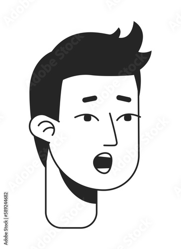 Young man showing surprise monochromatic flat vector character head. Black and white avatar icon. Editable cartoon user portrait. Hand drawn ink spot illustration for web graphic design and animation