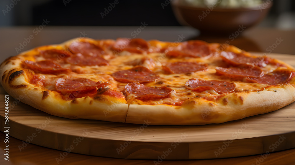Pepperoni Pizza on Wooden Tray: A Classic and Fragrant Delight. Generative AI Pepperoni Pizza on Wooden Tray: A Classic and Fragrant Delight. Generative AI