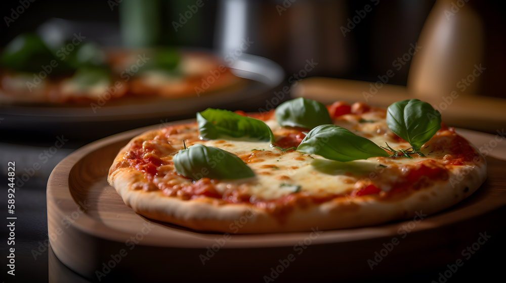 Authentic Margherita Pizza with Fresh Mozzarella and Basil on Wooden Board. Generative AI
