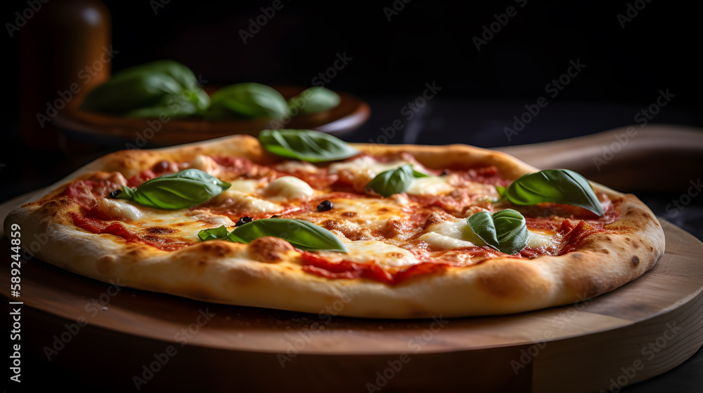 Authentic Margherita Pizza with Fresh Mozzarella and Basil on Wooden Board. Generative AI