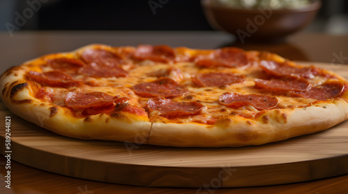 Pepperoni Pizza on Wooden Tray: A Classic and Fragrant Delight. Generative AI