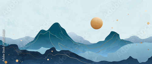 Abstract golden mountain background art. Luxury watercolor wallpaper design with sun, blue hills and watercolor texture. Mountains with golden wave for print, banner, decoration, poster.