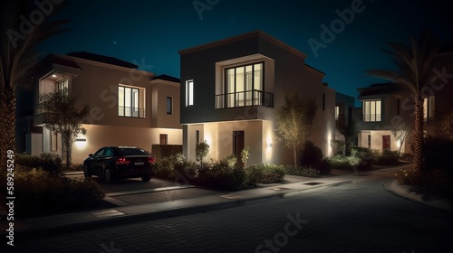 Photographie modern generic contemporary style villa neighborhood at night, Generative AI