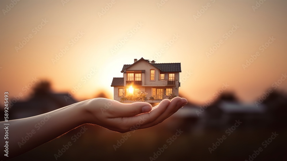 My precious home on the hands of a happy family and real estate investment and housing architecture and sunset background, Generative AI - obrazy, fototapety, plakaty 