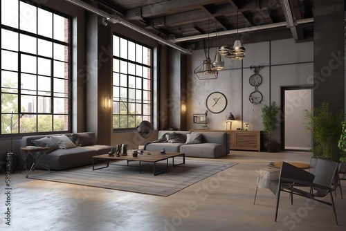 High ceiling loft living room 3d render. There are white brick wall,polished concrete floor and black steel structure,There are large windows look out to see the nature ,Generative AI © Azar