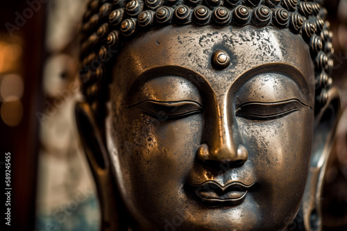Spiritual Buddha metal statue meditating close up macro with serene peaceful happy face. Buddhist religion. Zen and enlightenment idea. Ai generated